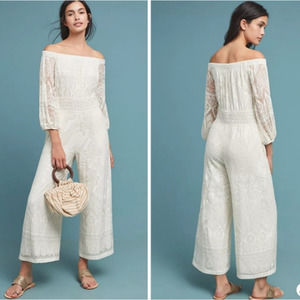 Farm Rio Elliot Boho Off the Shoulder Crochet Wide-Leg Jumpsuit- White, Size XS